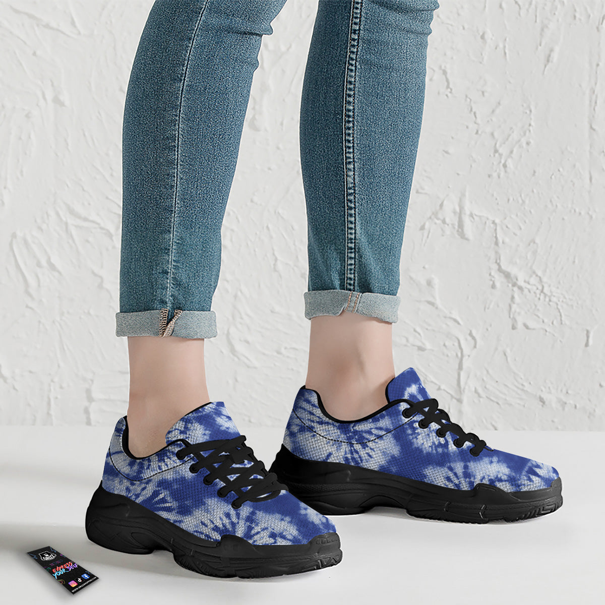 Shibori Blue Print Black Chunky Shoes-grizzshop