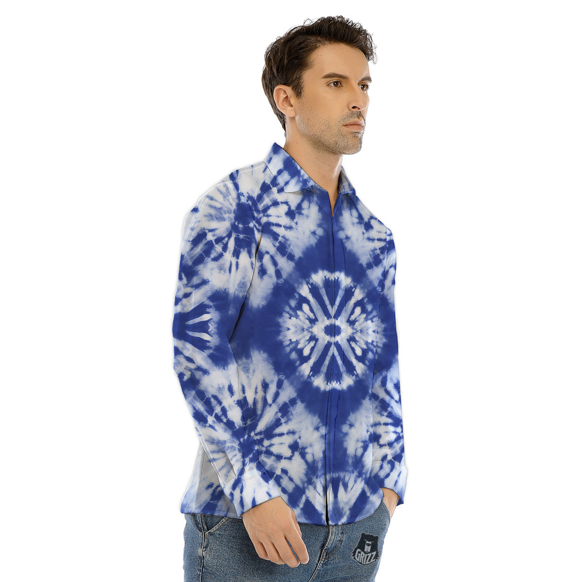 Shibori Blue Print Men's Dress Shirts-grizzshop
