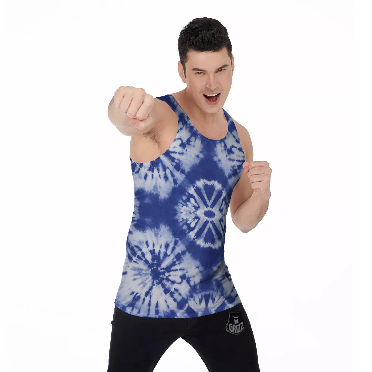 Shibori Blue Print Men's Tank Top-grizzshop