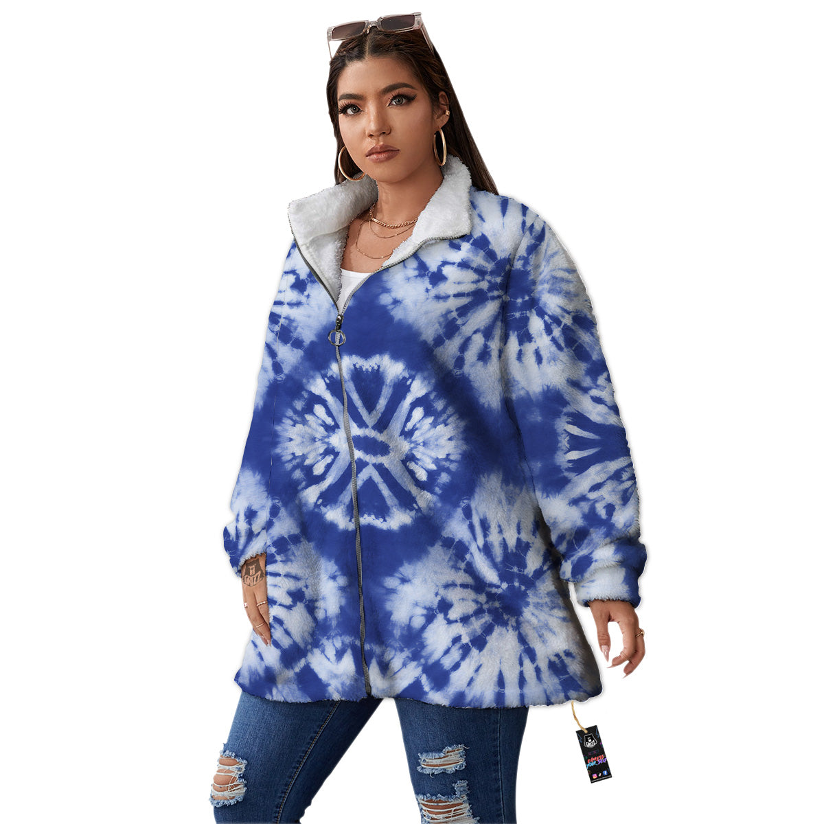 Shibori Blue Print Women's Sherpa Jacket-grizzshop