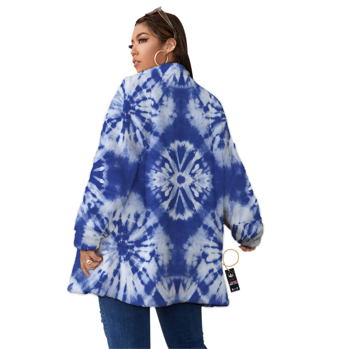 Shibori Blue Print Women's Sherpa Jacket-grizzshop