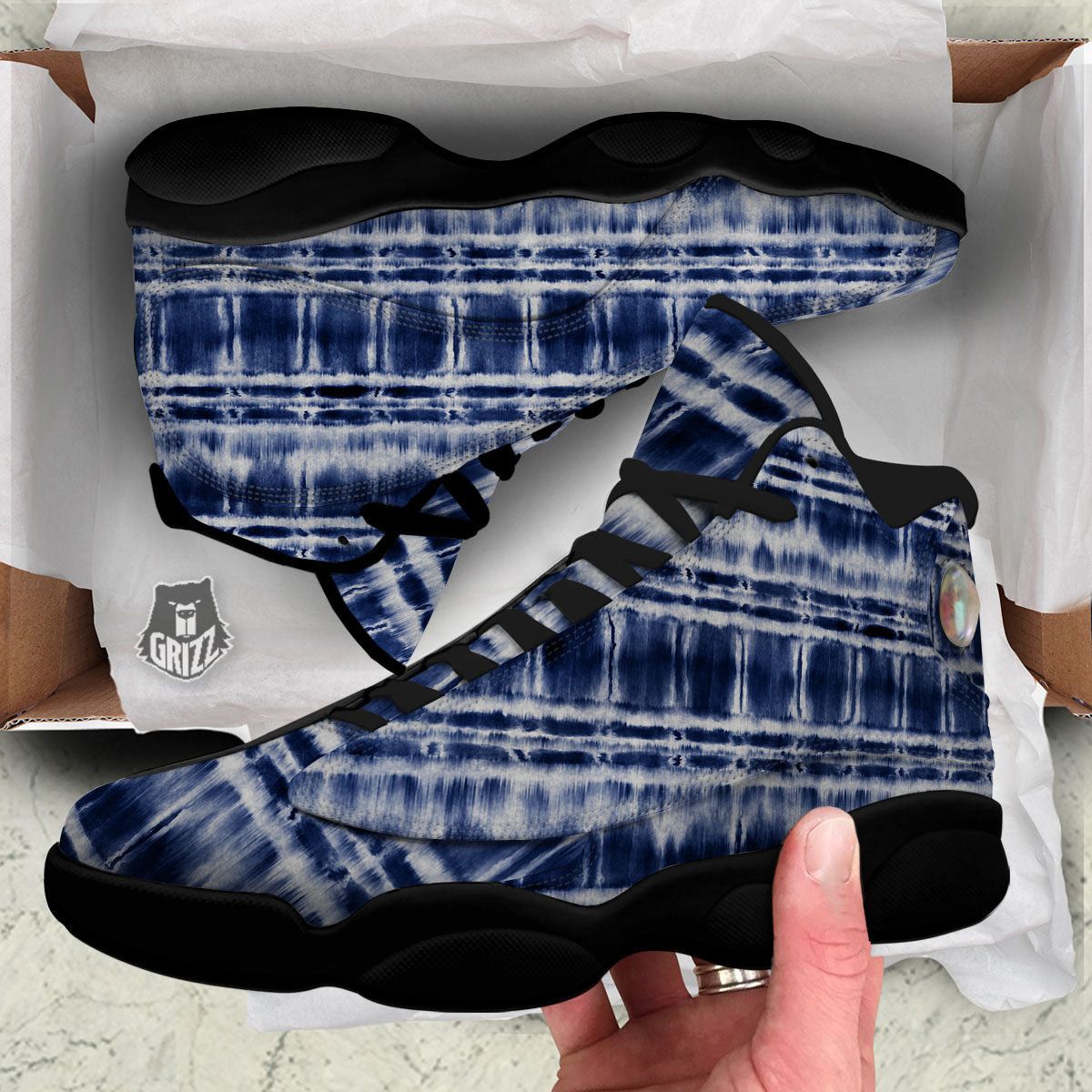 Shibori Indigo Dye Print Black Basketball Shoes-grizzshop
