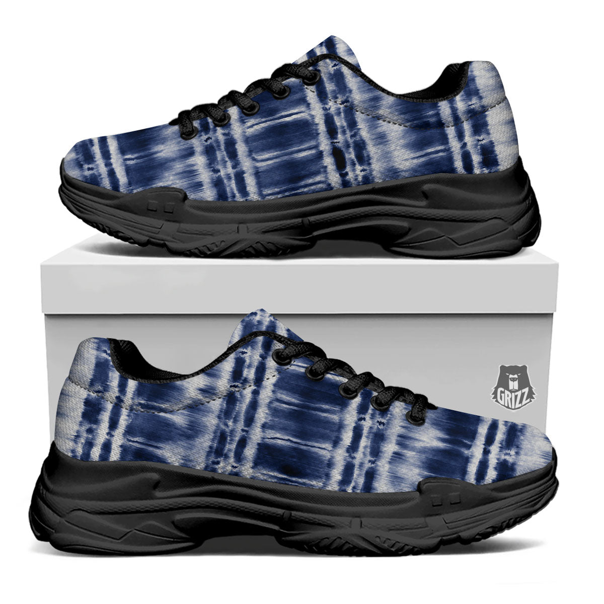 Shibori Indigo Dye Print Black Chunky Shoes-grizzshop