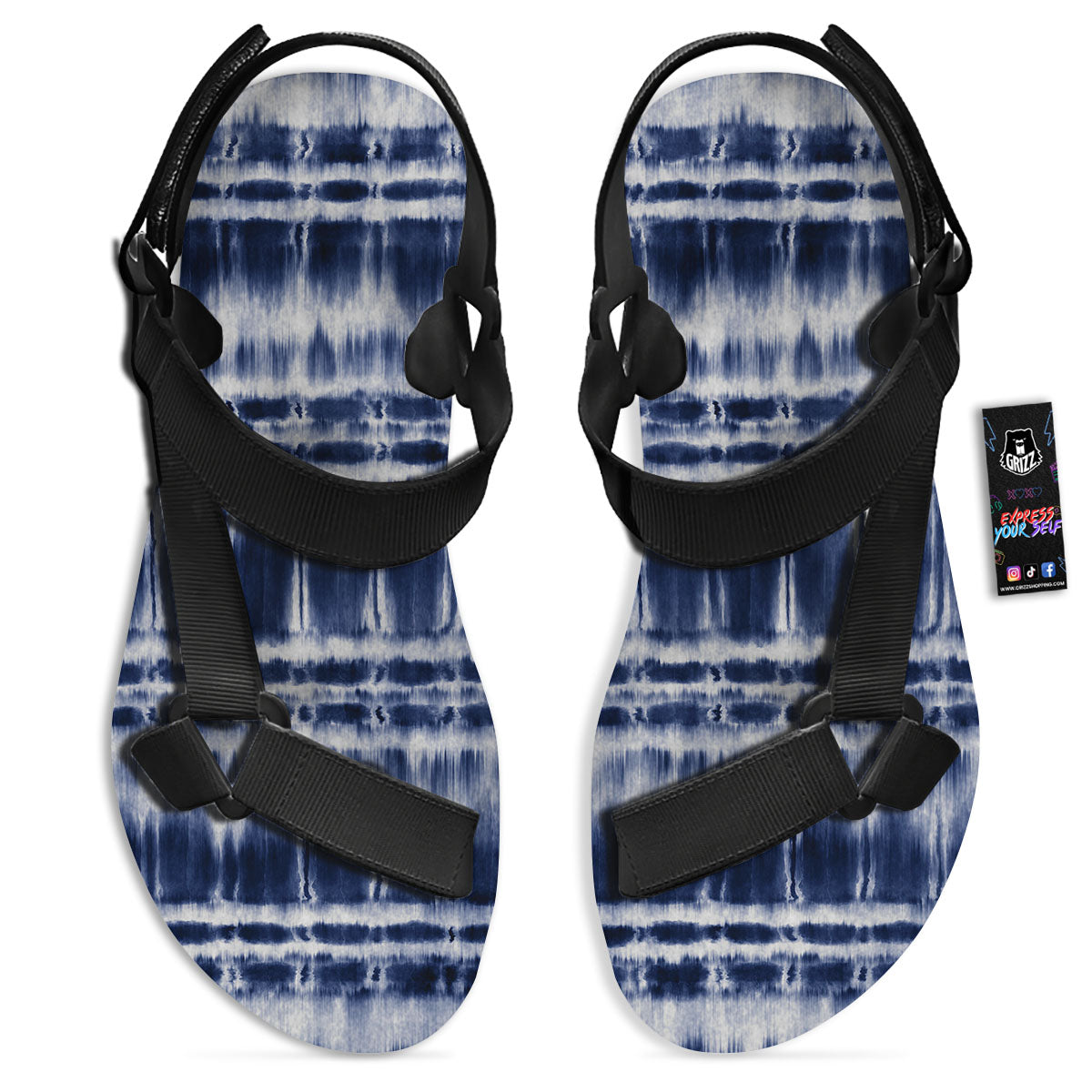 Shibori Indigo Dye Print Black Open Toe Sandals-grizzshop