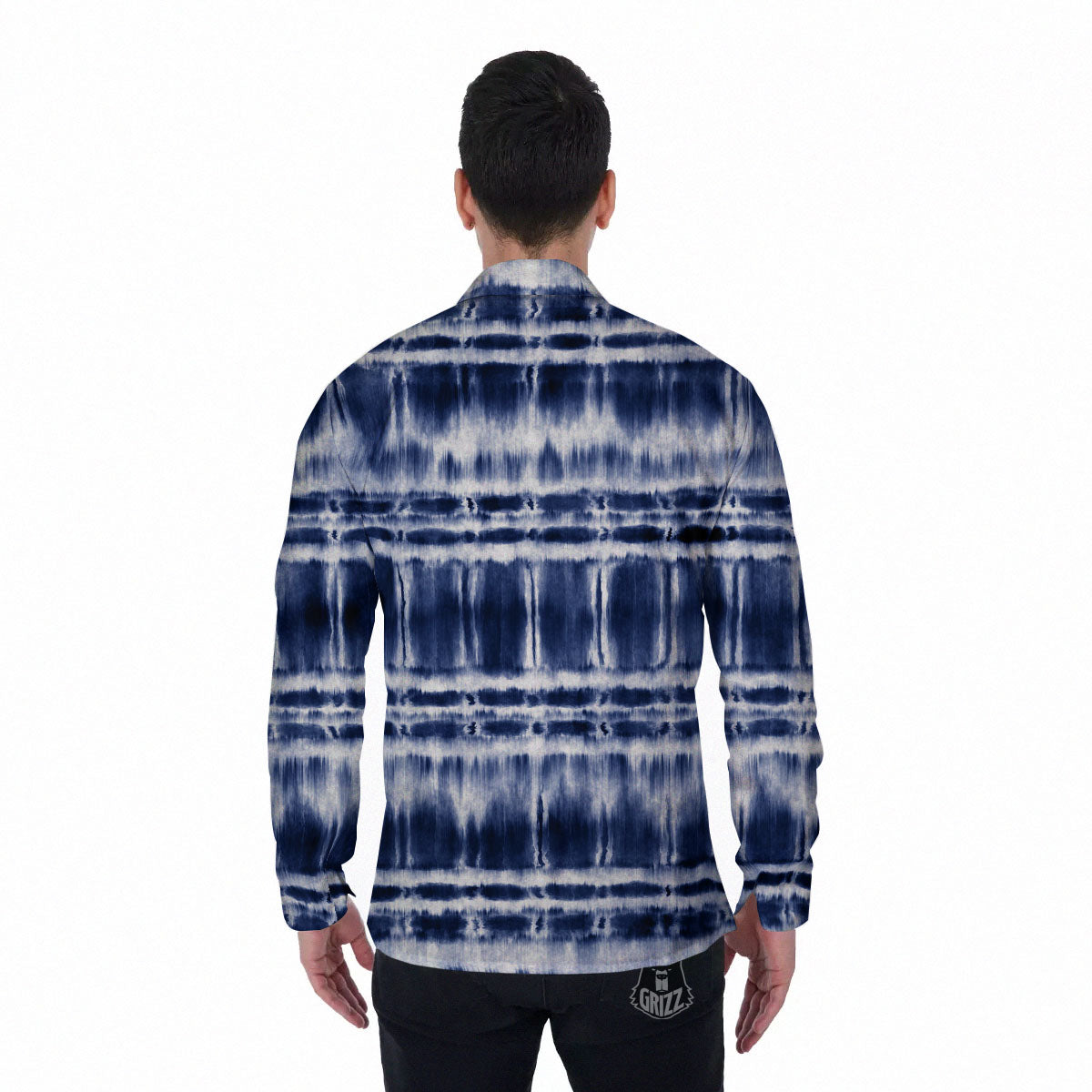 Shibori Indigo Dye Print Men's Long Sleeve Shirts-grizzshop