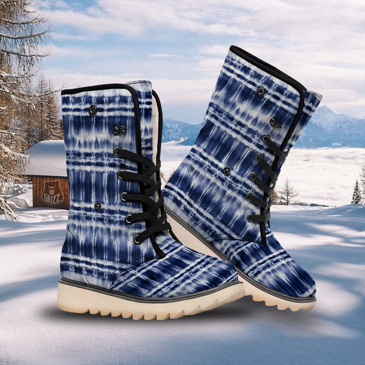 Shibori Indigo Dye Print Snow Boots-grizzshop