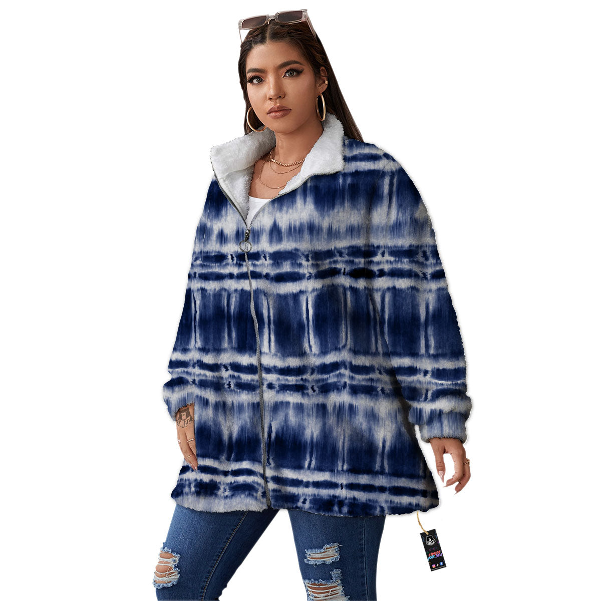 Shibori Indigo Dye Print Women's Sherpa Jacket-grizzshop