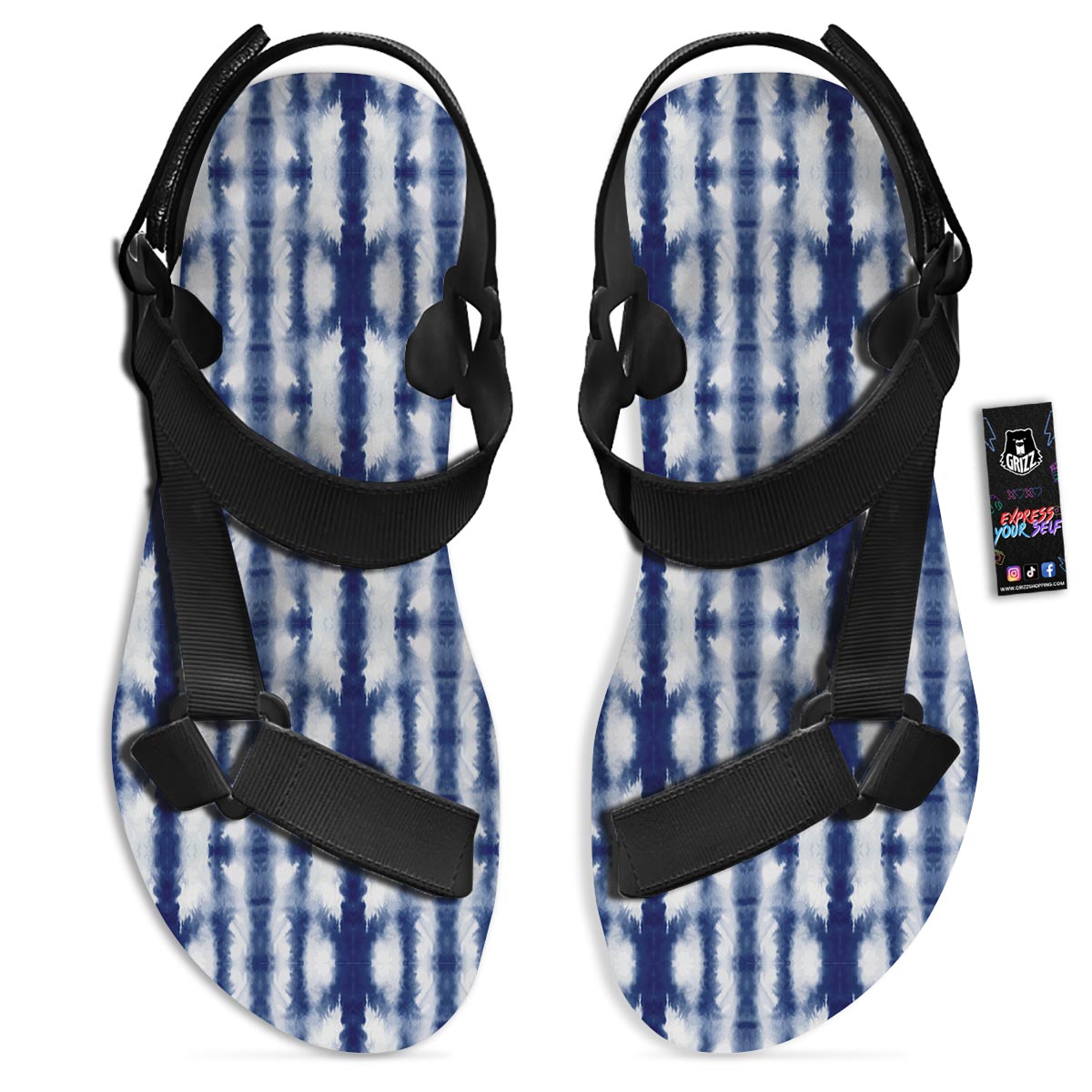 Shibori Tie Dye Print Pattern Black Open Toe Sandals-grizzshop