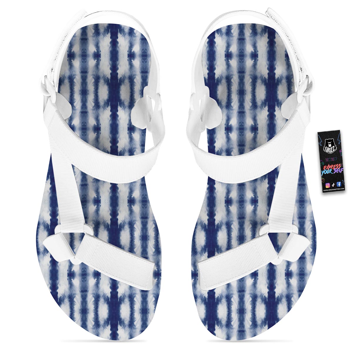 Shibori Tie Dye Print Pattern White Open Toe Sandals-grizzshop