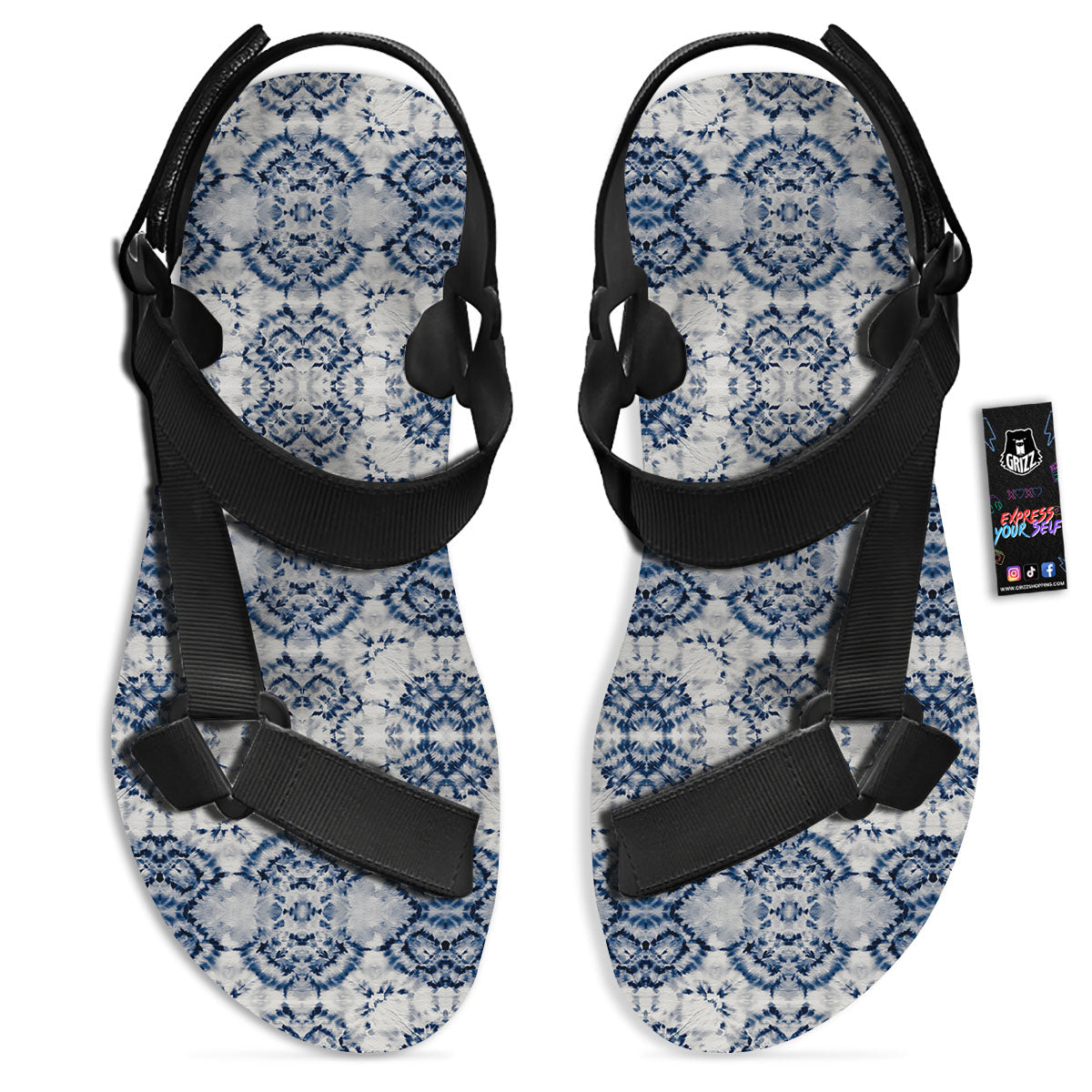 Shibori Watercolor Print Pattern Black Open Toe Sandals-grizzshop