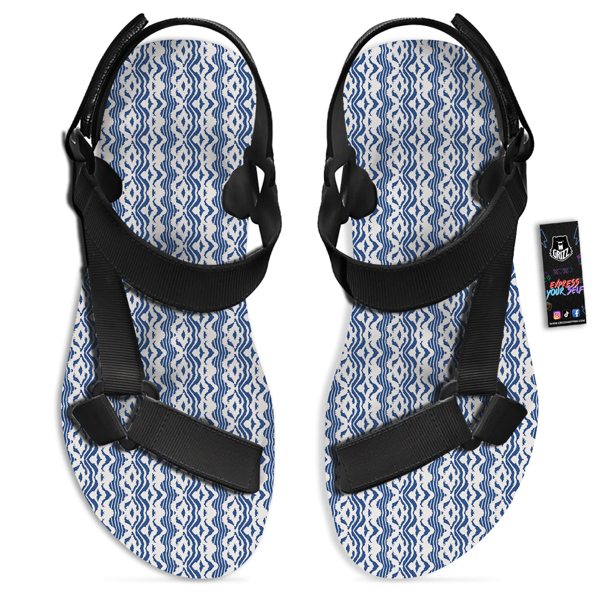 Shibori Wave Print Pattern Black Open Toe Sandals-grizzshop