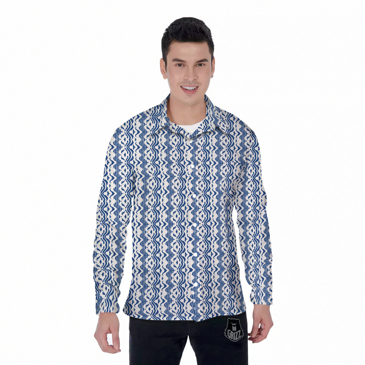 Shibori Wave Print Pattern Men's Long Sleeve Shirts-grizzshop