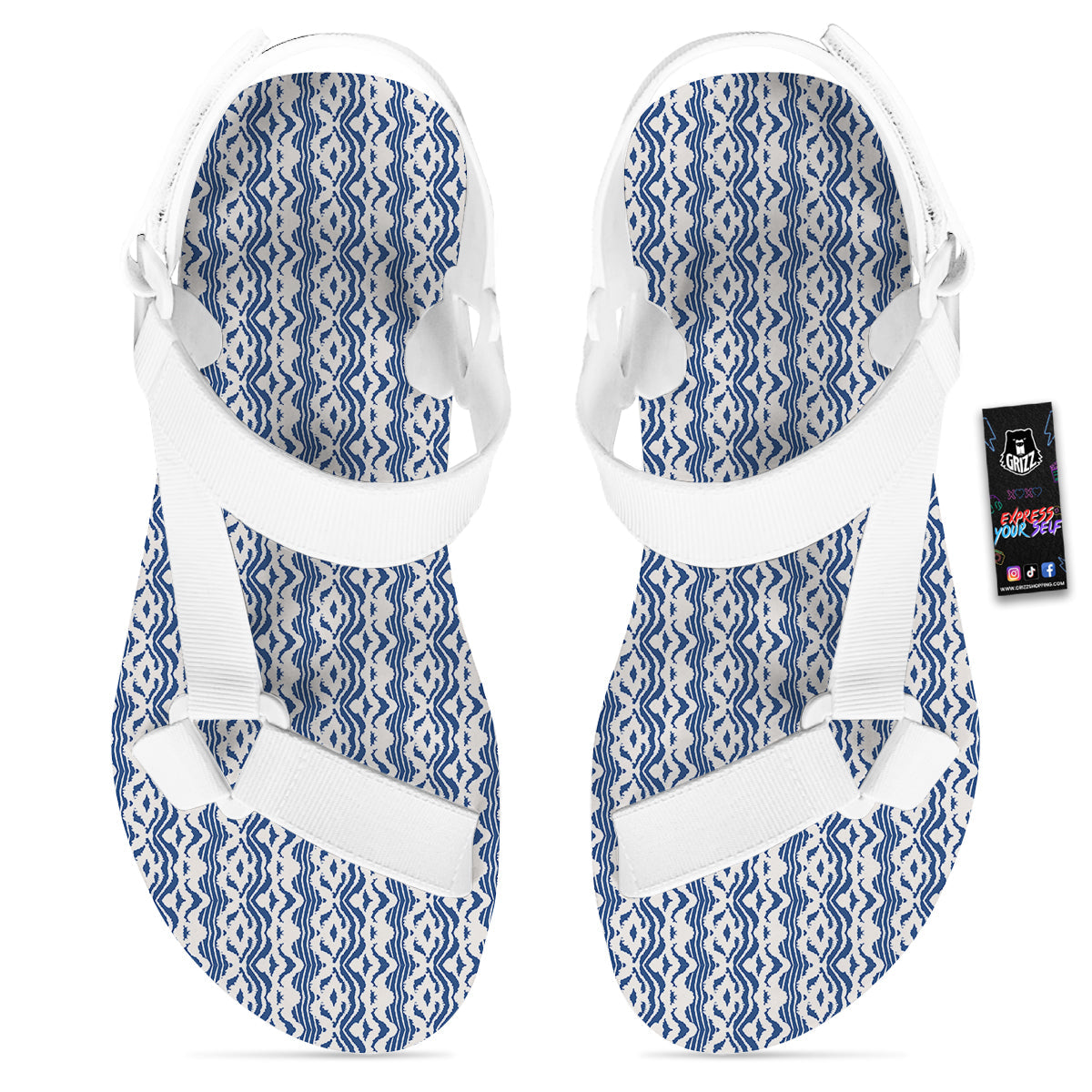 Shibori Wave Print Pattern White Open Toe Sandals-grizzshop