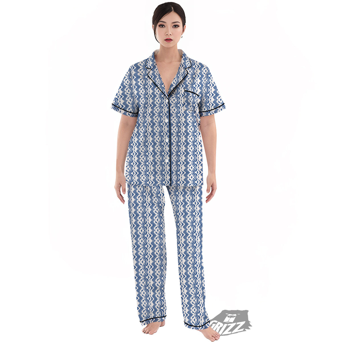 Shibori Wave Print Pattern Women's Pajamas Set-grizzshop