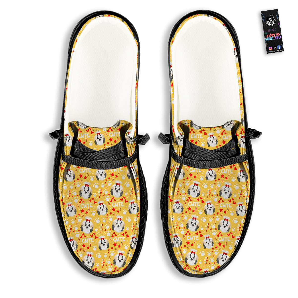 Shih Tzu Cartoon Print Pattern Black Loafers-grizzshop