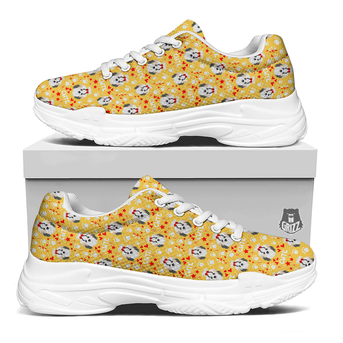 Shih Tzu Cartoon Print Pattern White Chunky Shoes-grizzshop
