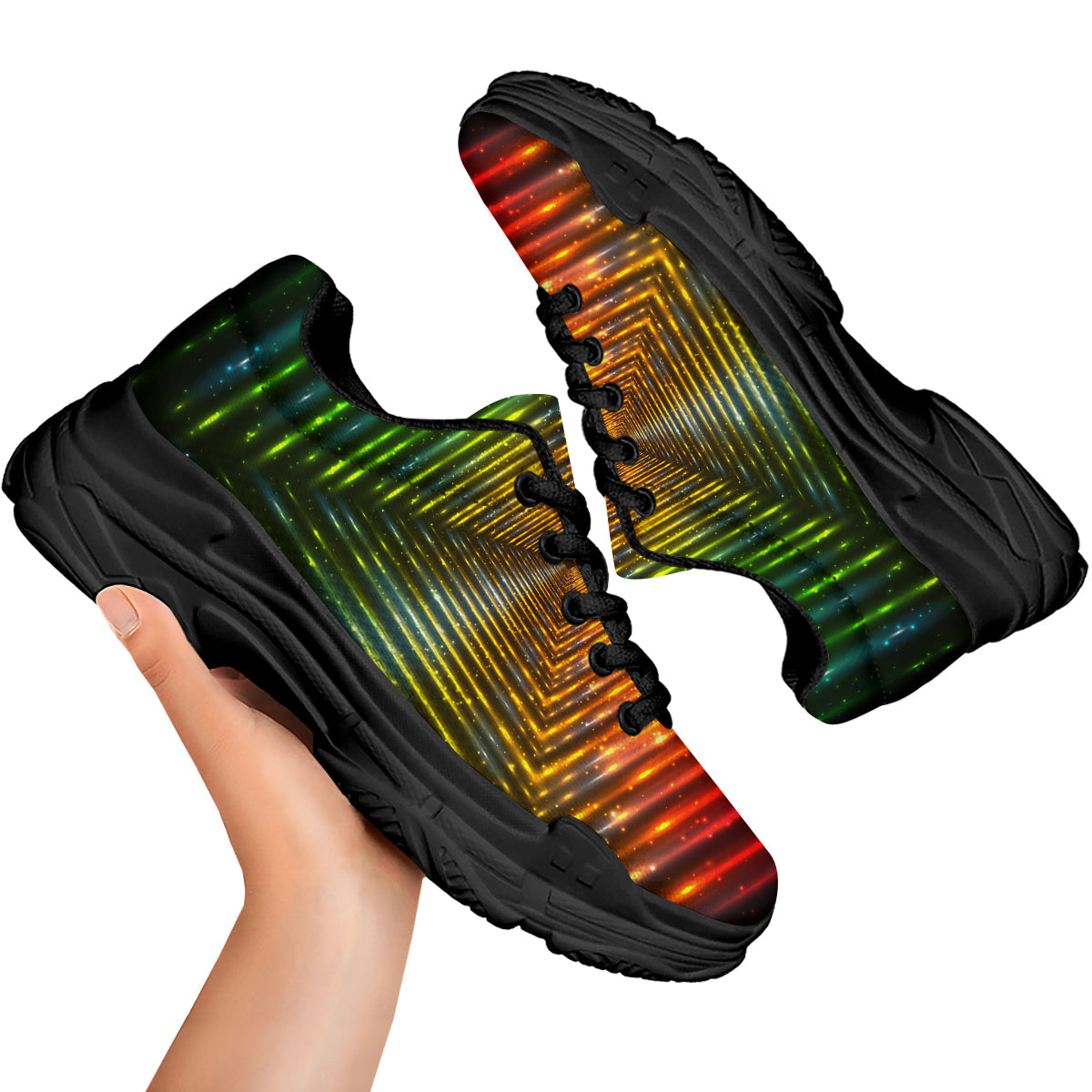 Shining Lights Rainbow Colors Neon Print Black Chunky Shoes-grizzshop