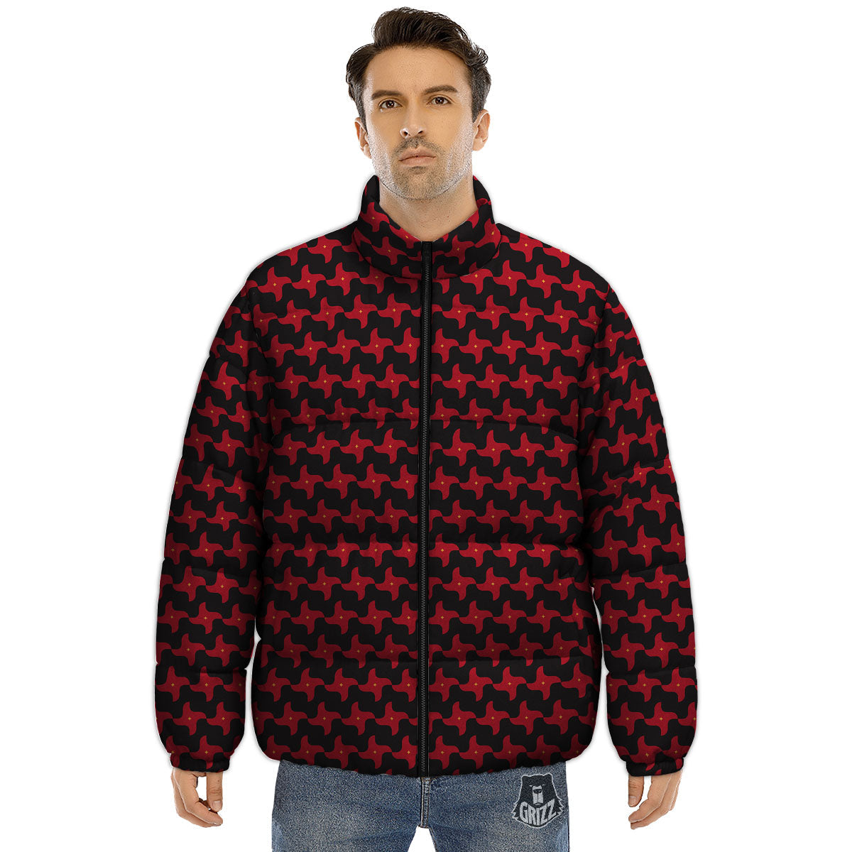 Shuriken Ninja Print Pattern Puffer Jacket-grizzshop
