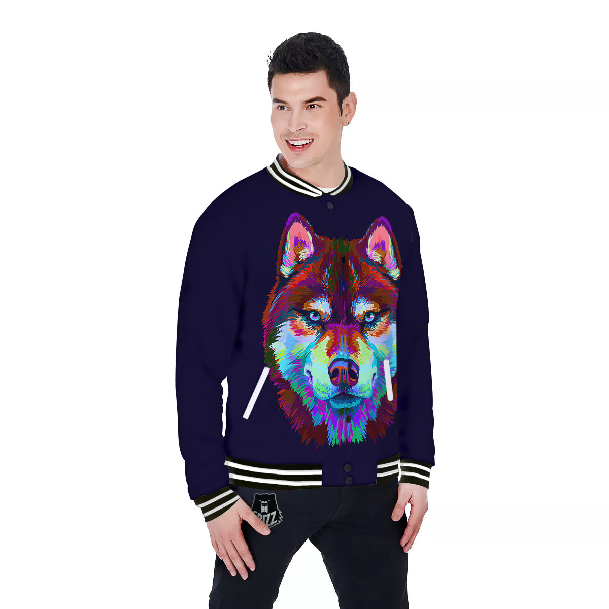 Siberian Husky Colorful Print Baseball Jacket-grizzshop