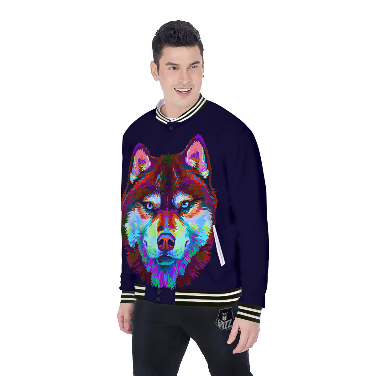 Siberian Husky Colorful Print Baseball Jacket-grizzshop