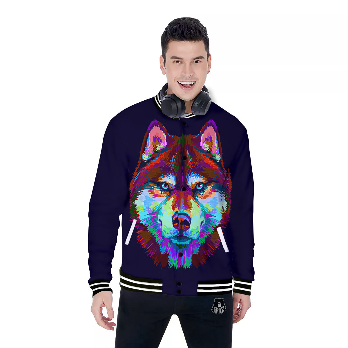 Siberian Husky Colorful Print Baseball Jacket-grizzshop
