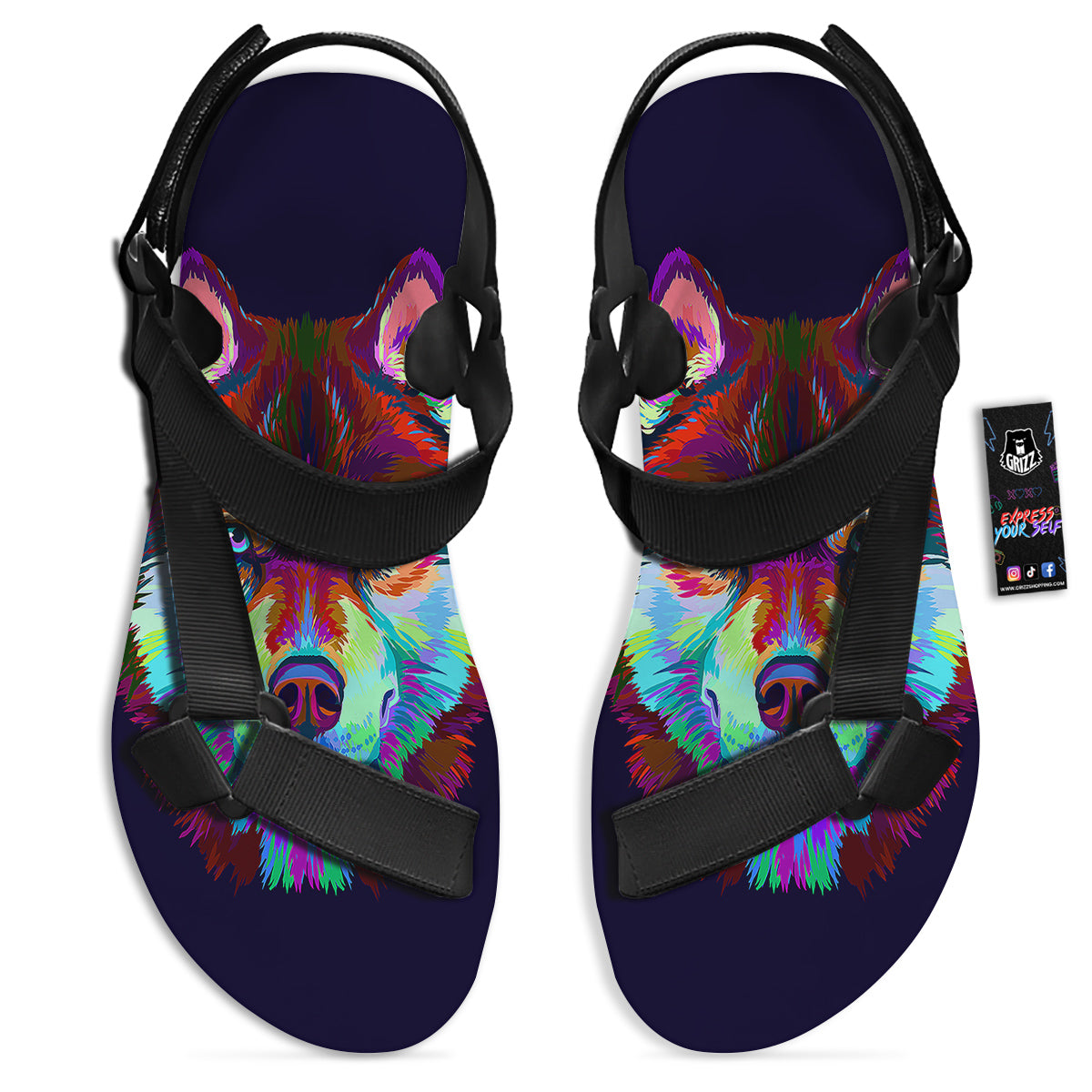 Siberian Husky Colorful Print Black Open Toe Sandals-grizzshop