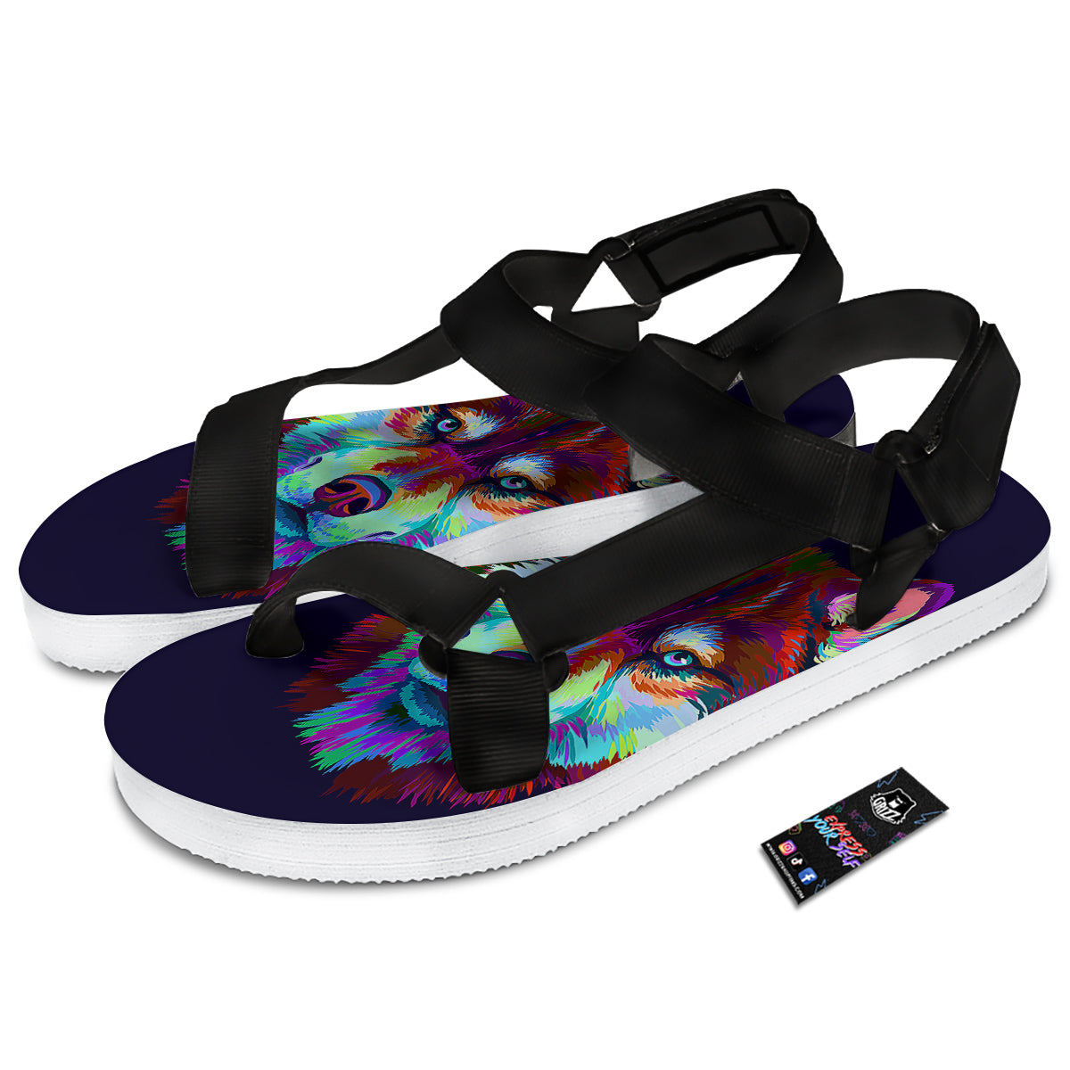 Siberian Husky Colorful Print Black Open Toe Sandals-grizzshop