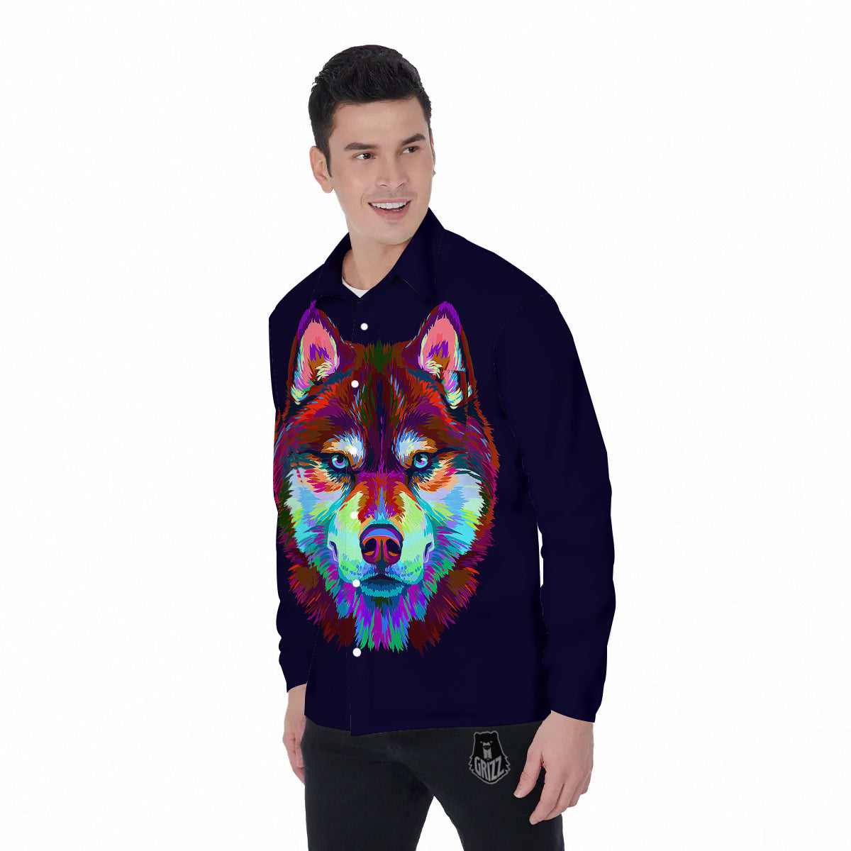 Siberian Husky Colorful Print Men's Long Sleeve Shirts-grizzshop