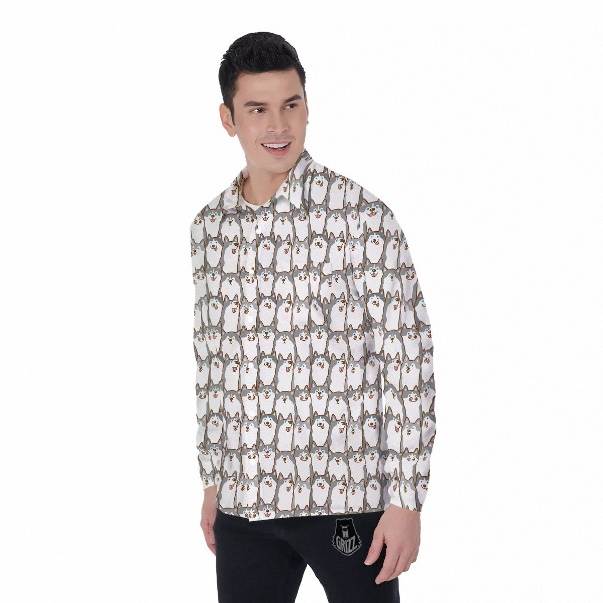 Siberian Husky Cute Print Pattern Men's Long Sleeve Shirts-grizzshop