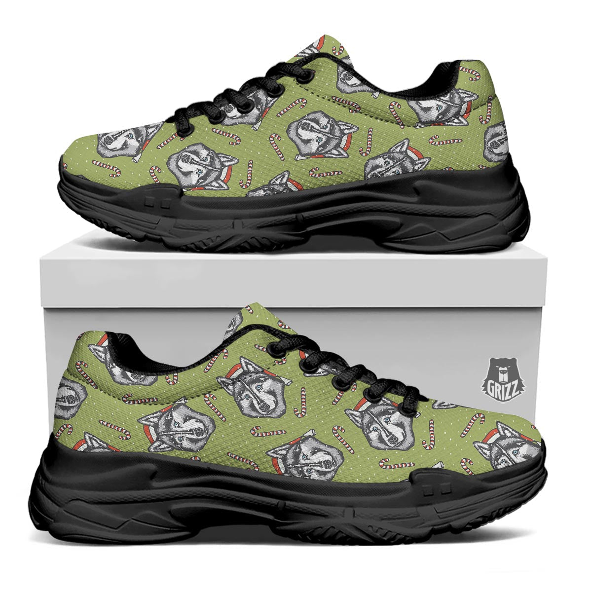 Siberian Husky Santa Print Pattern Black Chunky Shoes-grizzshop