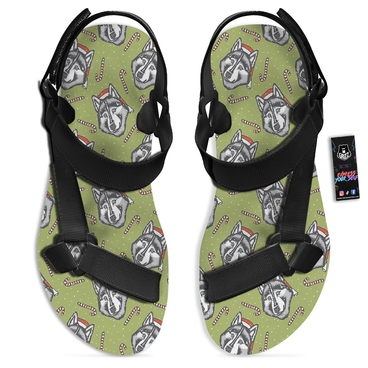Siberian Husky Santa Print Pattern Black Open Toe Sandals-grizzshop