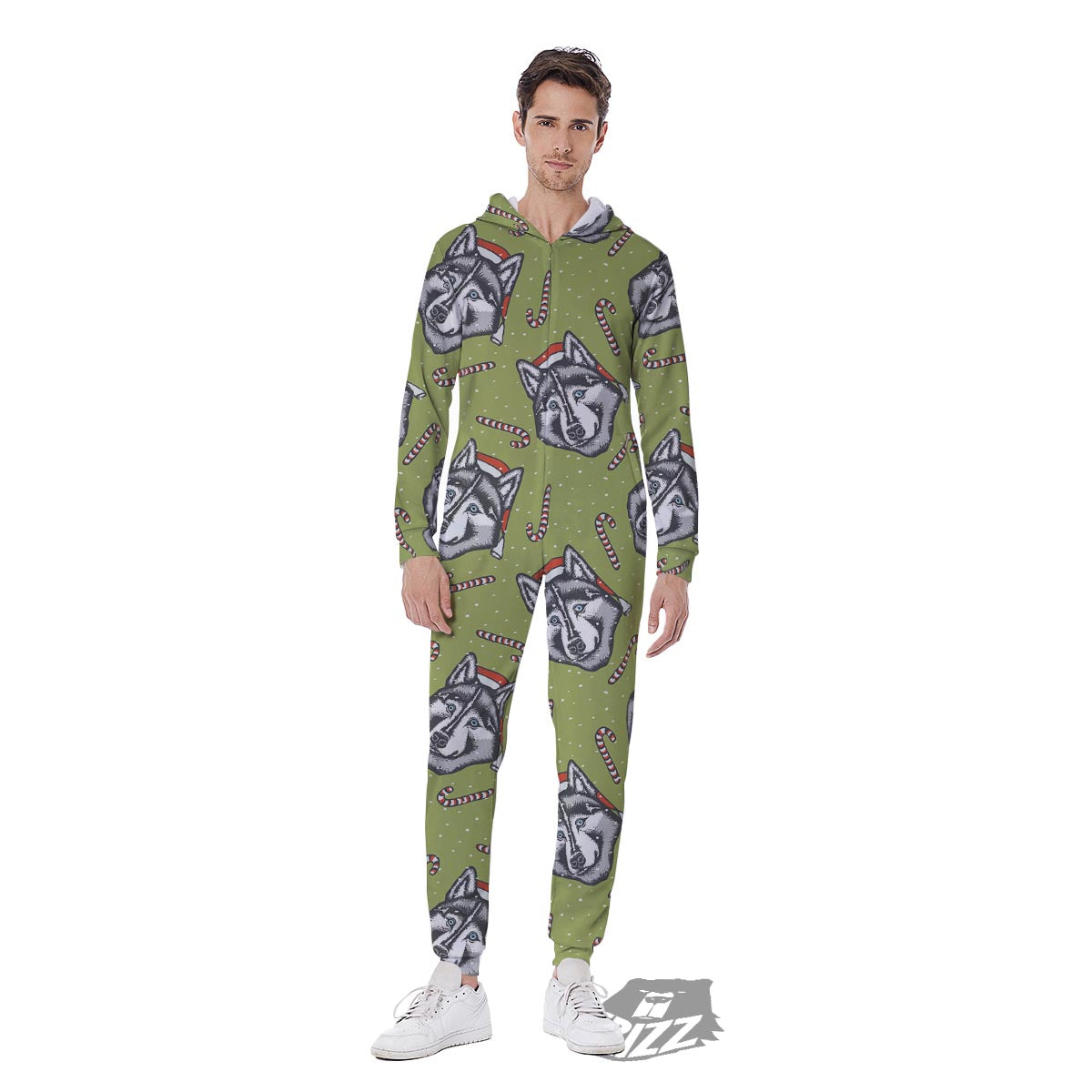 Siberian Husky Santa Print Pattern Men's Jumpsuit-grizzshop