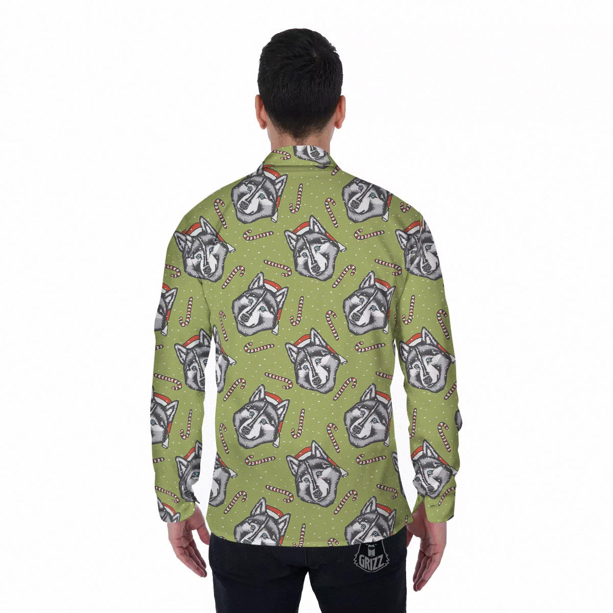 Siberian Husky Santa Print Pattern Men's Long Sleeve Shirts-grizzshop