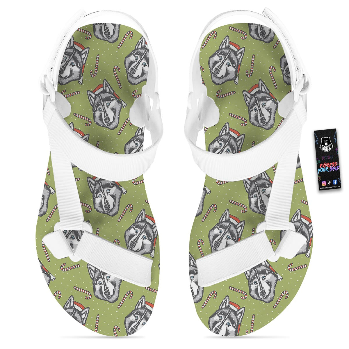 Siberian Husky Santa Print Pattern White Open Toe Sandals-grizzshop