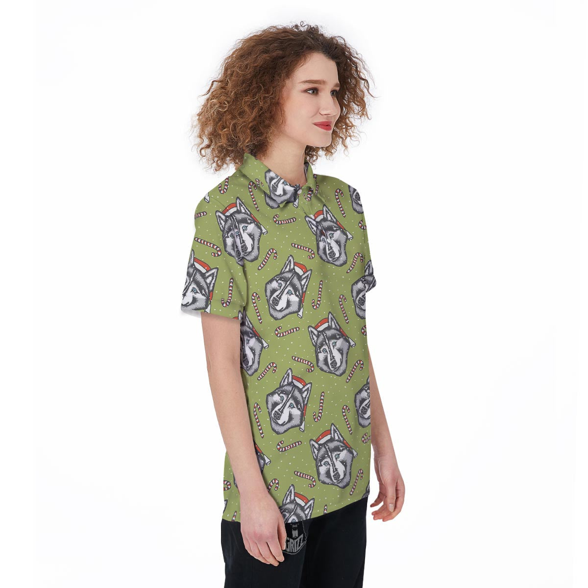 Siberian Husky Santa Print Pattern Women's Golf Shirts-grizzshop