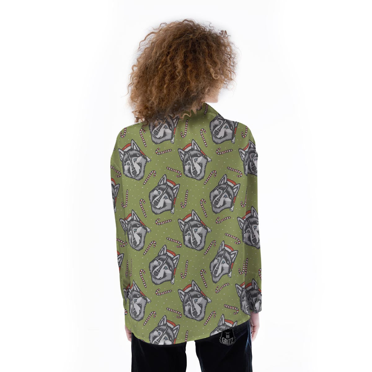 Siberian Husky Santa Print Pattern Women's Long Sleeve Shirts-grizzshop