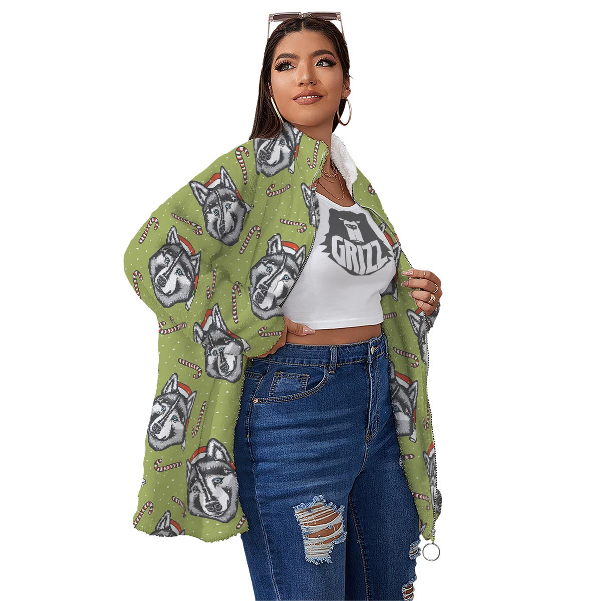 Siberian Husky Santa Print Pattern Women's Sherpa Jacket-grizzshop