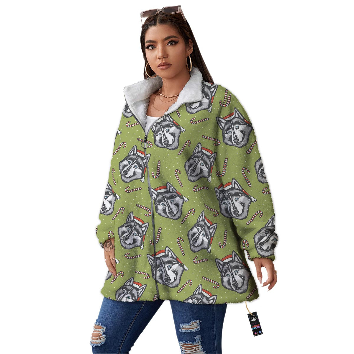 Siberian Husky Santa Print Pattern Women's Sherpa Jacket-grizzshop