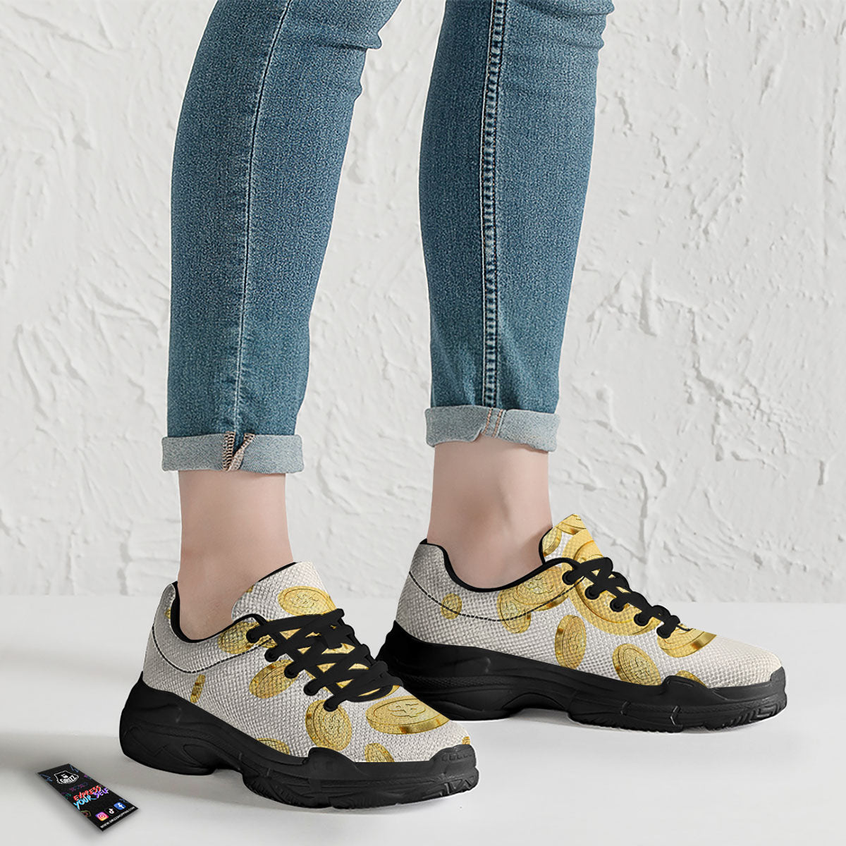 Sign Explosion Golden Dollar Print Black Chunky Shoes-grizzshop