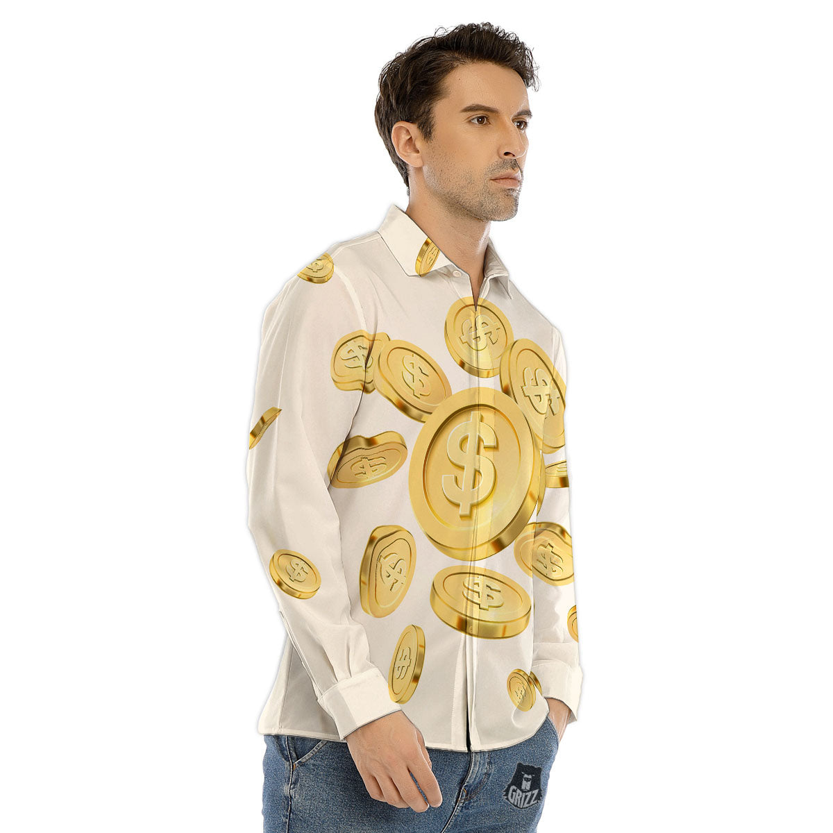 Sign Explosion Golden Dollar Print Men's Dress Shirts-grizzshop