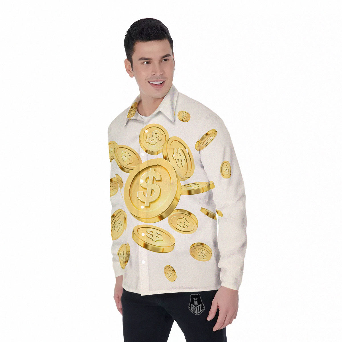 Sign Explosion Golden Dollar Print Men's Long Sleeve Shirts-grizzshop
