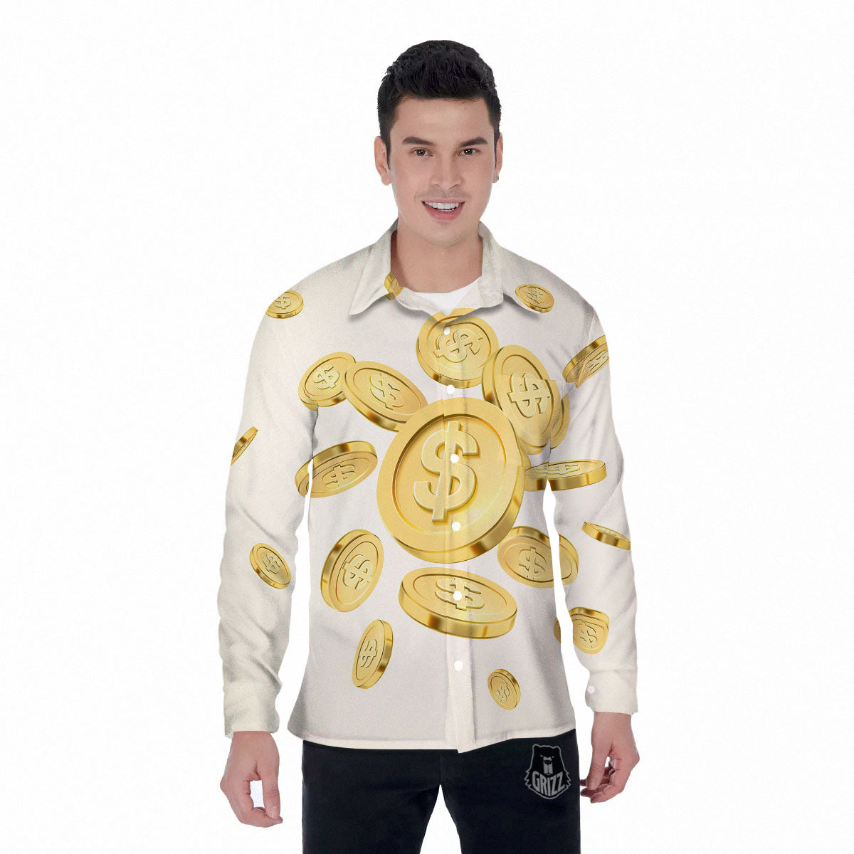 Sign Explosion Golden Dollar Print Men's Long Sleeve Shirts-grizzshop