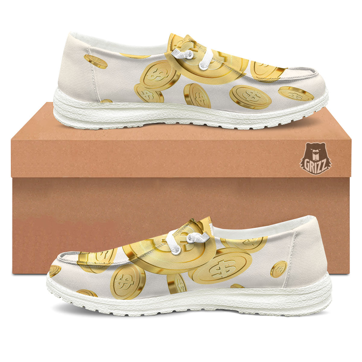 Sign Explosion Golden Dollar Print White Loafers-grizzshop
