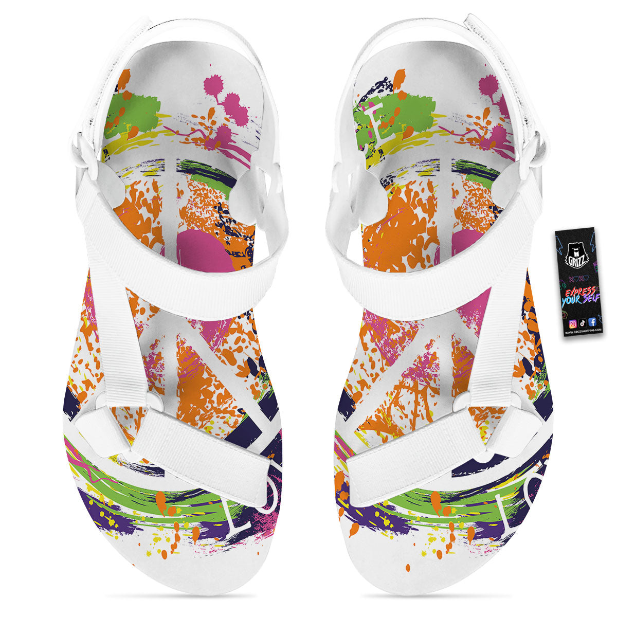 Sign Peace Rasta Print White Open Toe Sandals-grizzshop