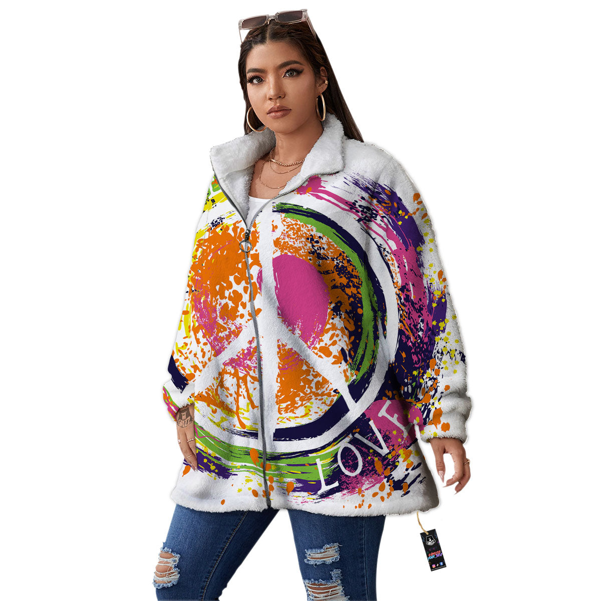 Sign Peace Rasta Print Women's Sherpa Jacket-grizzshop