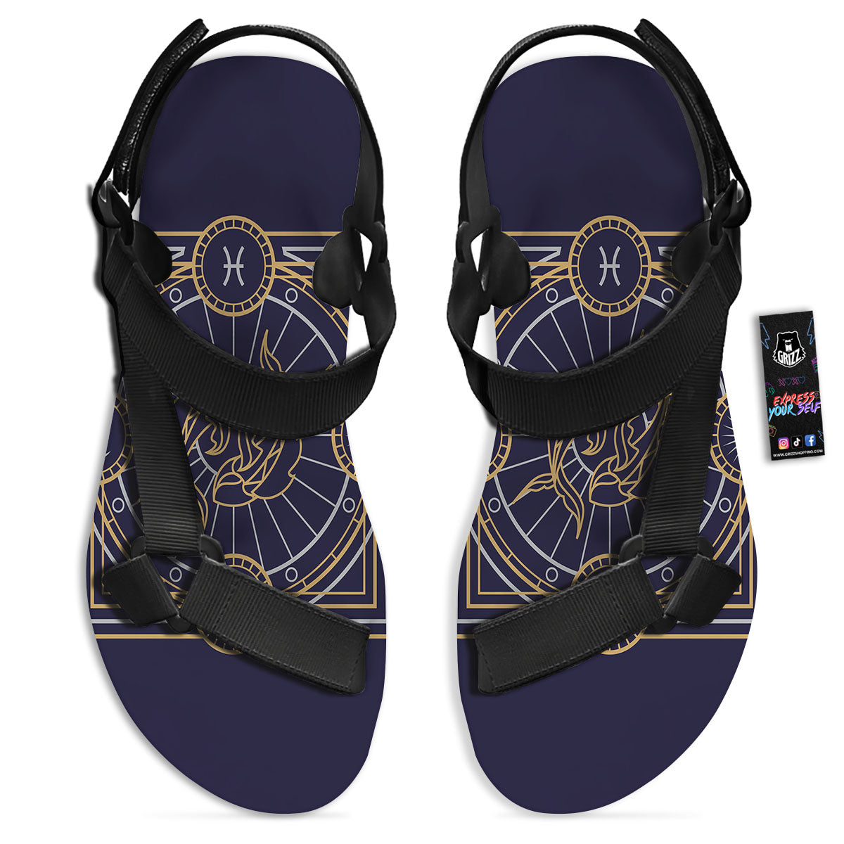 Signs Astrological And Pisces Print Black Open Toe Sandals-grizzshop