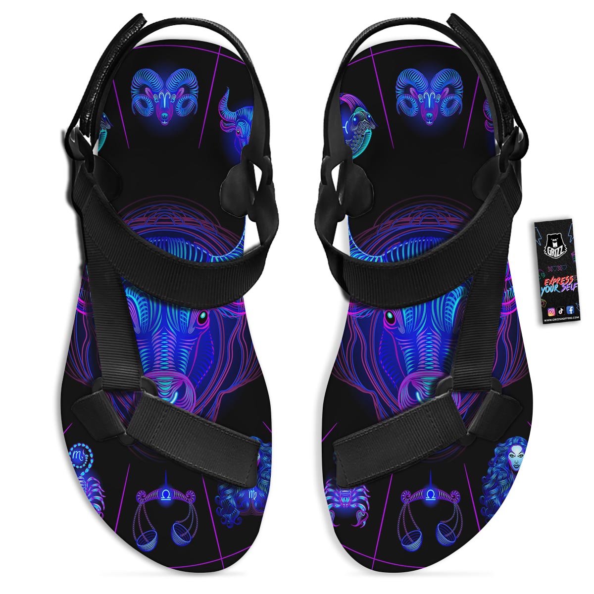 Signs Astrological And Taurus Print Black Open Toe Sandals-grizzshop
