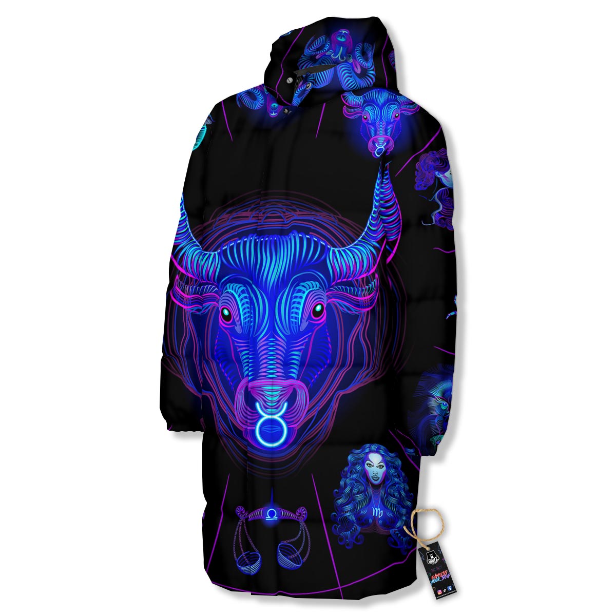 Signs Astrological And Taurus Print Long Down Jacket-grizzshop