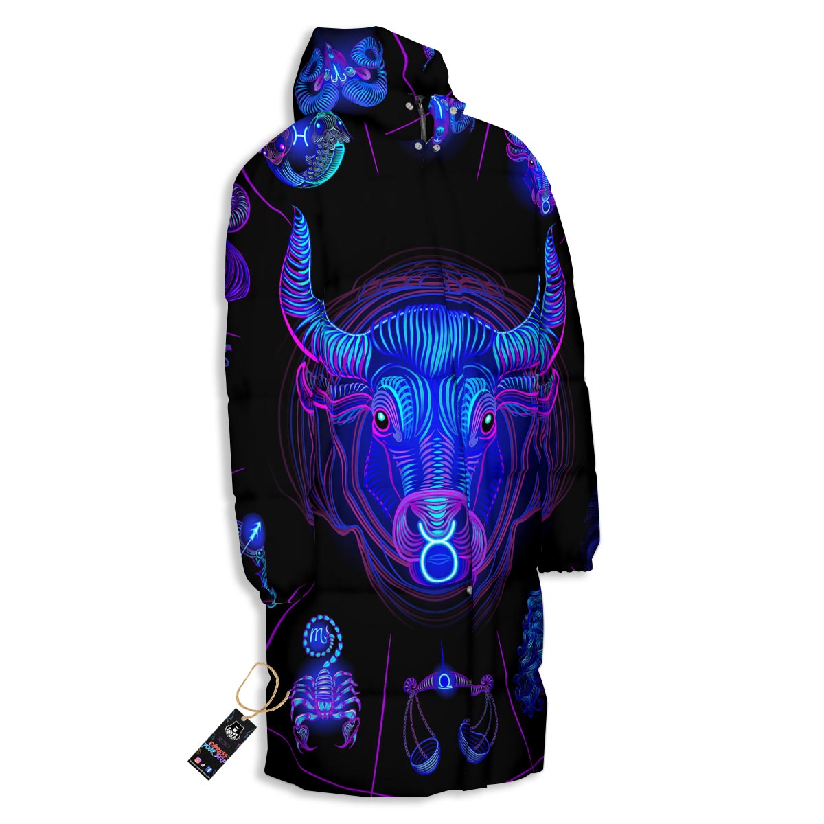 Signs Astrological And Taurus Print Long Down Jacket-grizzshop