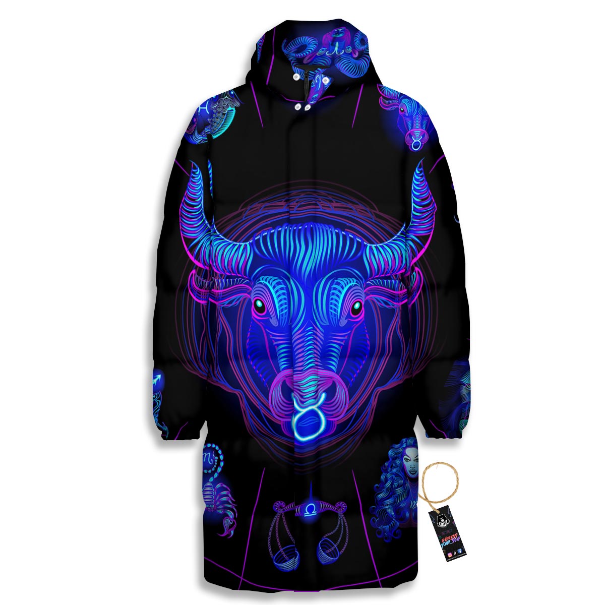 Signs Astrological And Taurus Print Long Down Jacket-grizzshop